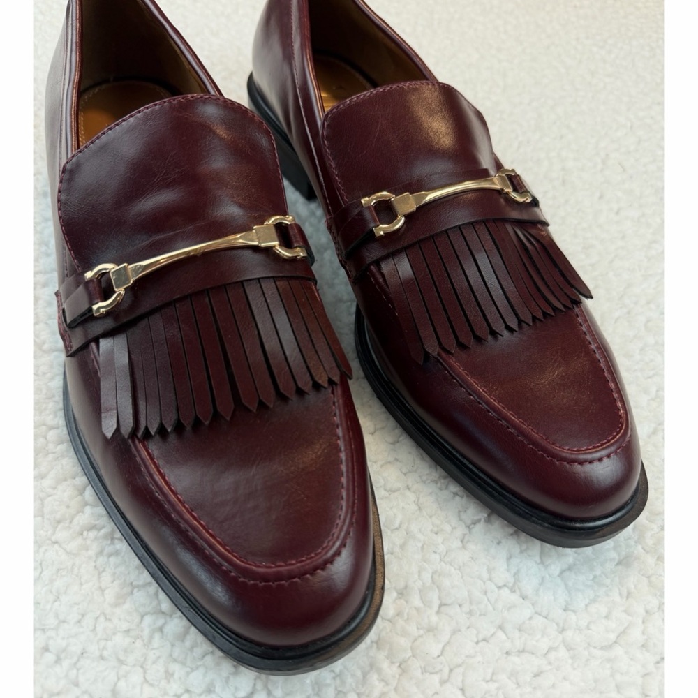 ZARA • Burgundy Leather Fringe Loafers w/ Gold Horsebit Hardware, EU 40 (US 9) - Picture 9 of 16